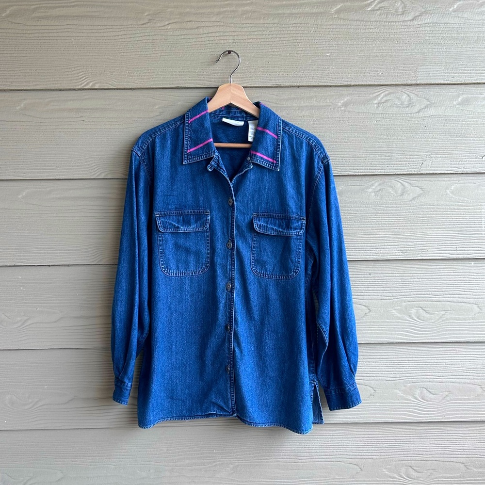Liz Clairborne Long Sleeve Denim Button Down Shirt Pink Stripe Collar Size Large